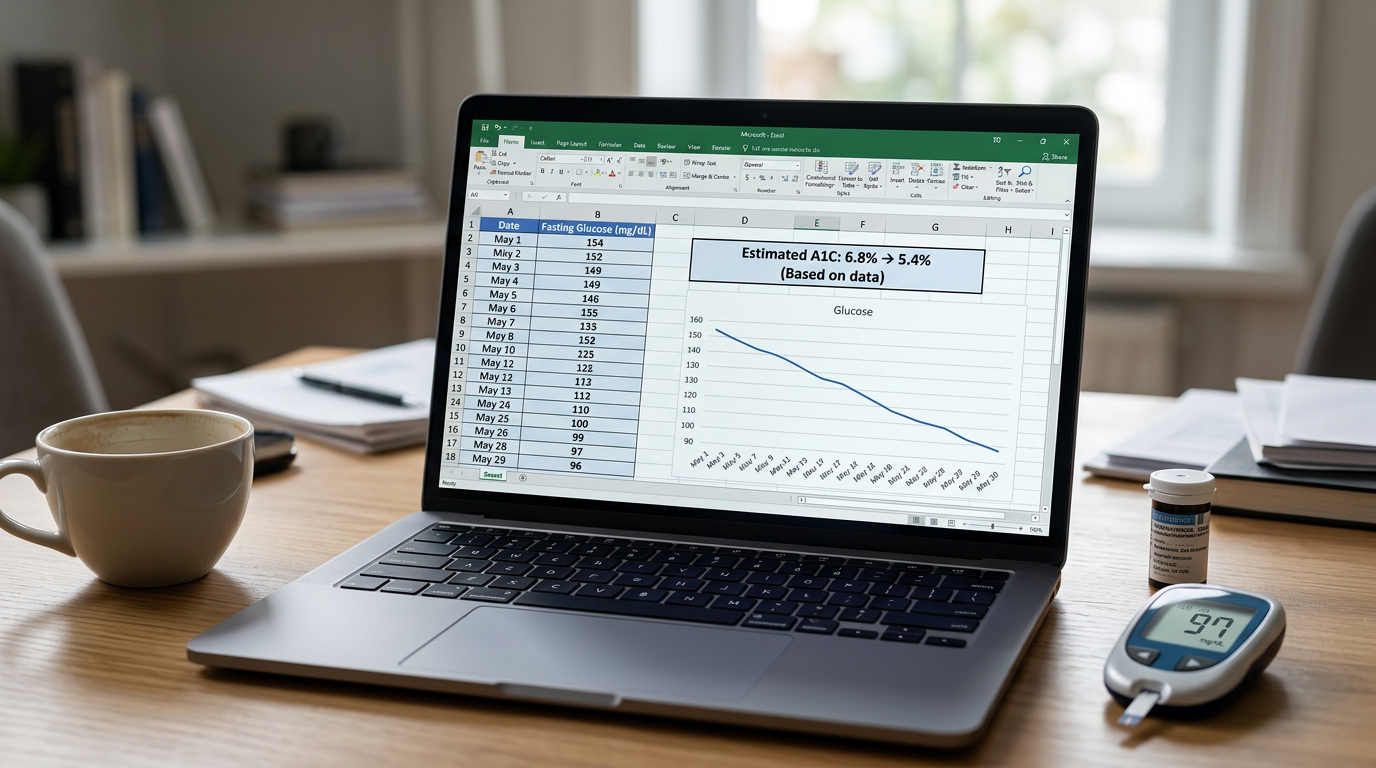 Glucose tracking spreadsheet on laptop screen showing downward trend