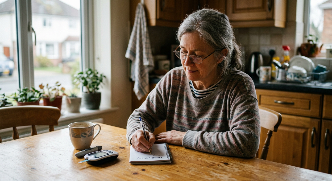 Woman writing in health diary with glucometer on kitchen table