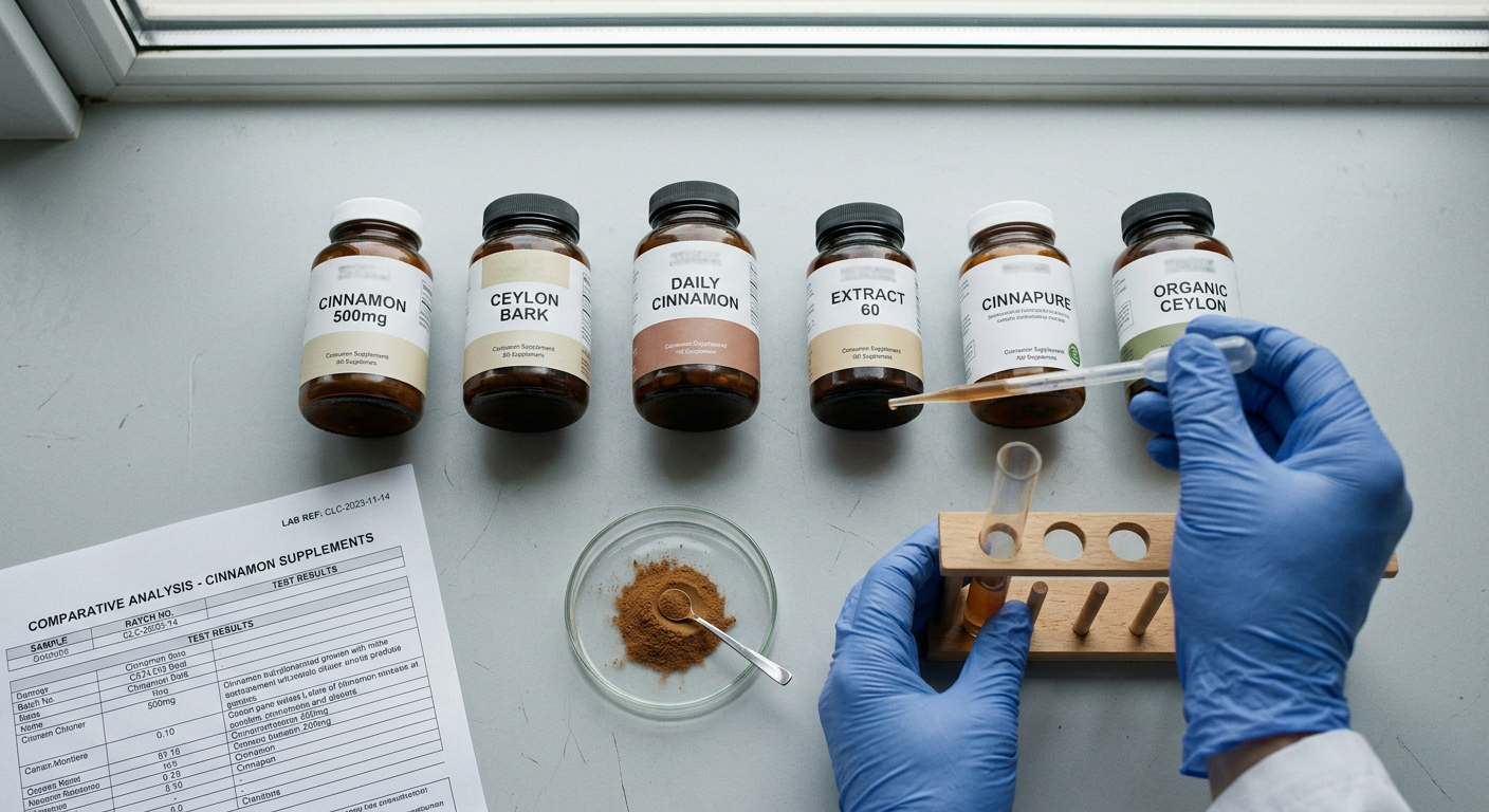Six cinnamon supplement bottles side by side