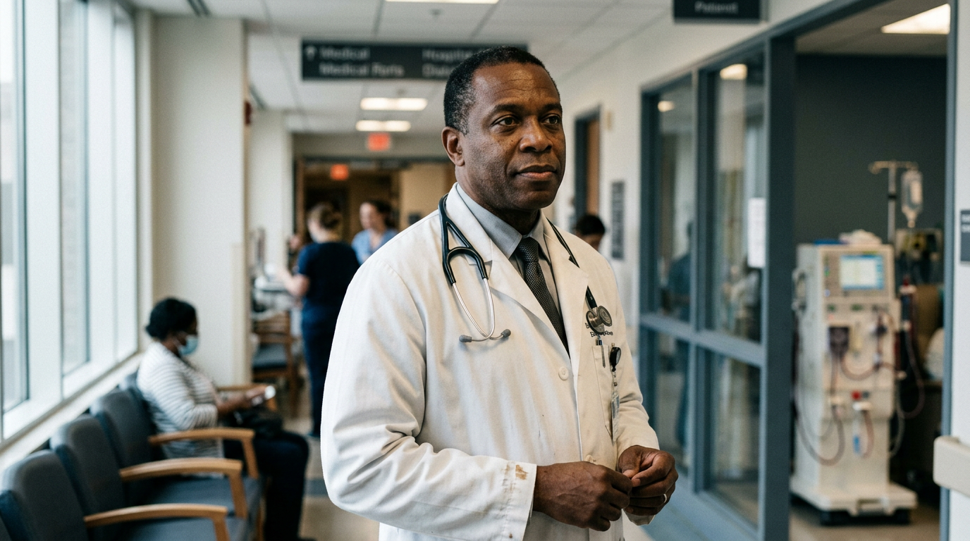 Nephrologist in white coat standing in a kidney clinic setting