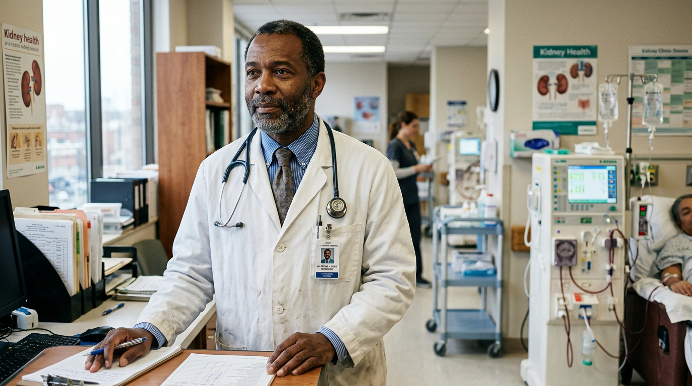 Nephrologist in white coat in kidney clinic