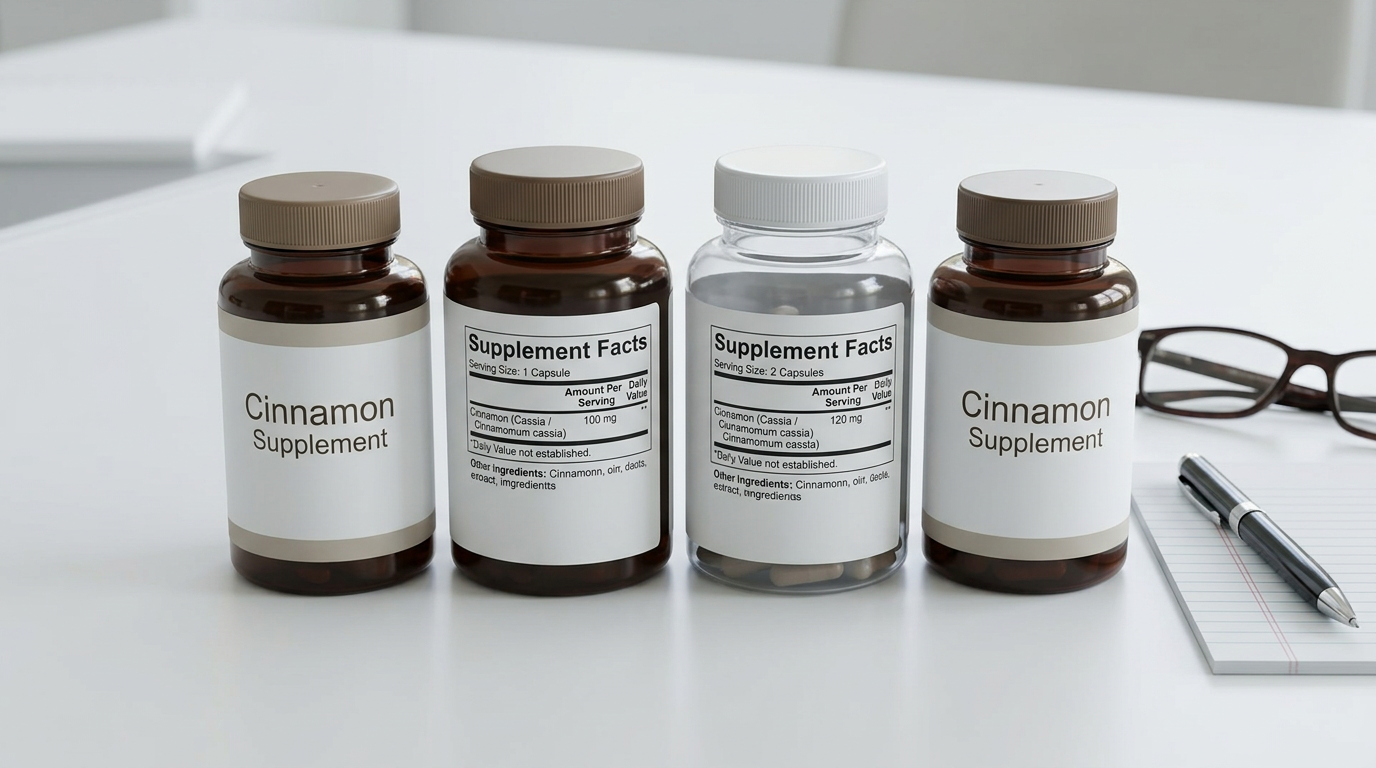 Four cinnamon supplement bottles with supplement facts panels showing Cassia