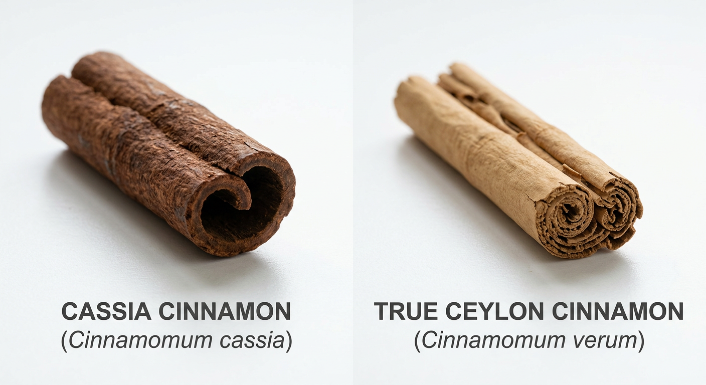 Side-by-side comparison of Cassia cinnamon and true Ceylon cinnamon