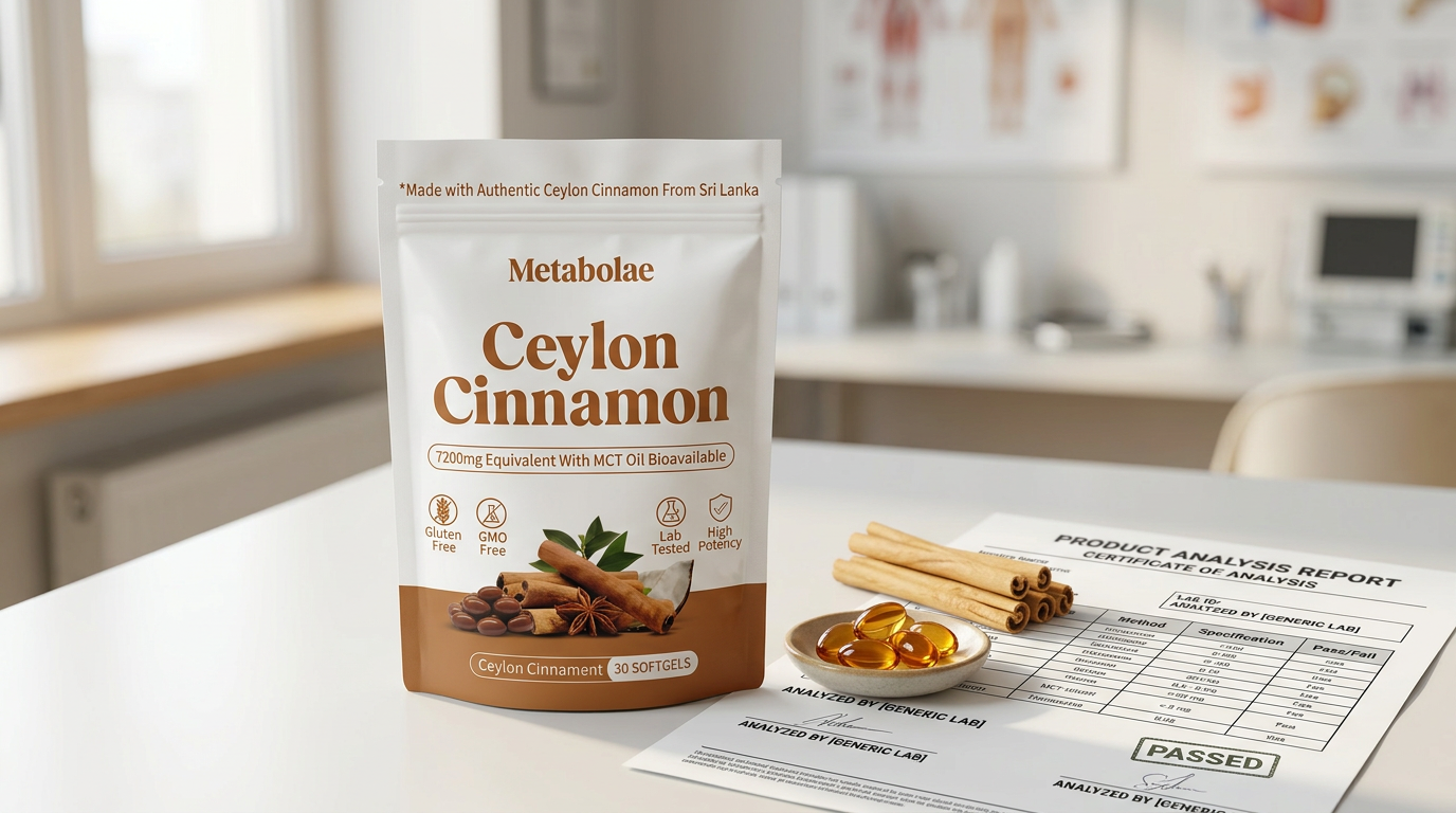 Metabolae Ceylon Cinnamon bottle with softgels and Certificate of Analysis