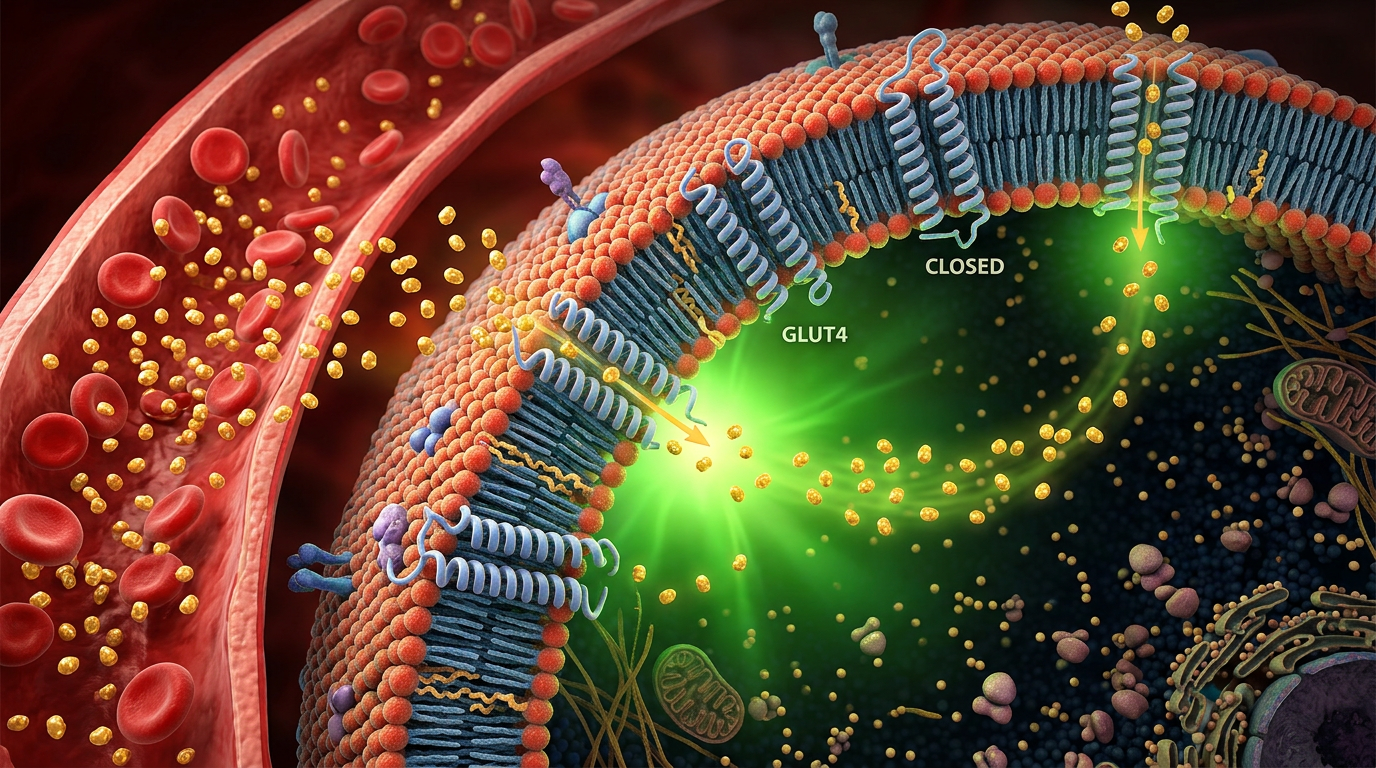 Scientific diagram showing GLUT4 transporters and trapped glucose in blood vessels
