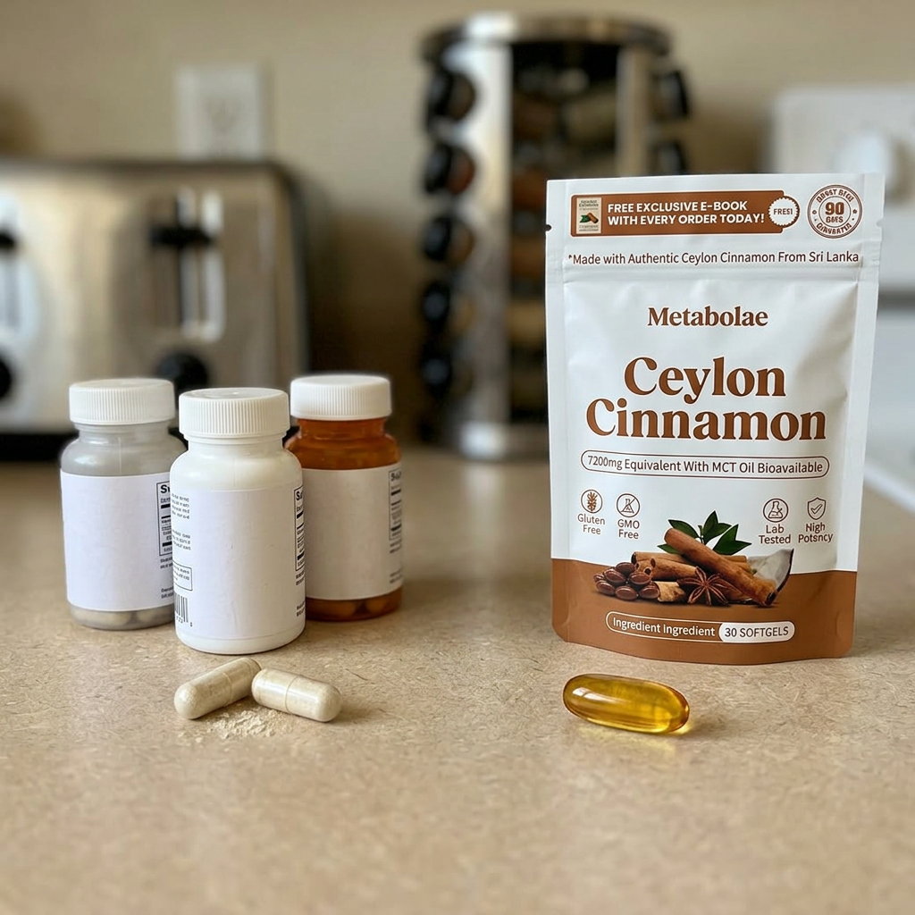 Three generic cinnamon bottles compared to one Metabolae softgel