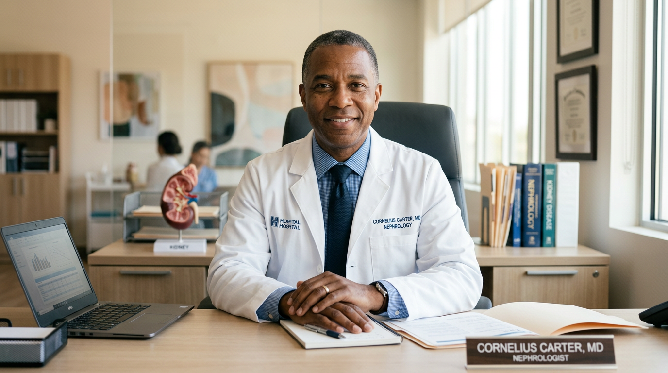 Nephrologist sitting at desk in kidney clinic office
