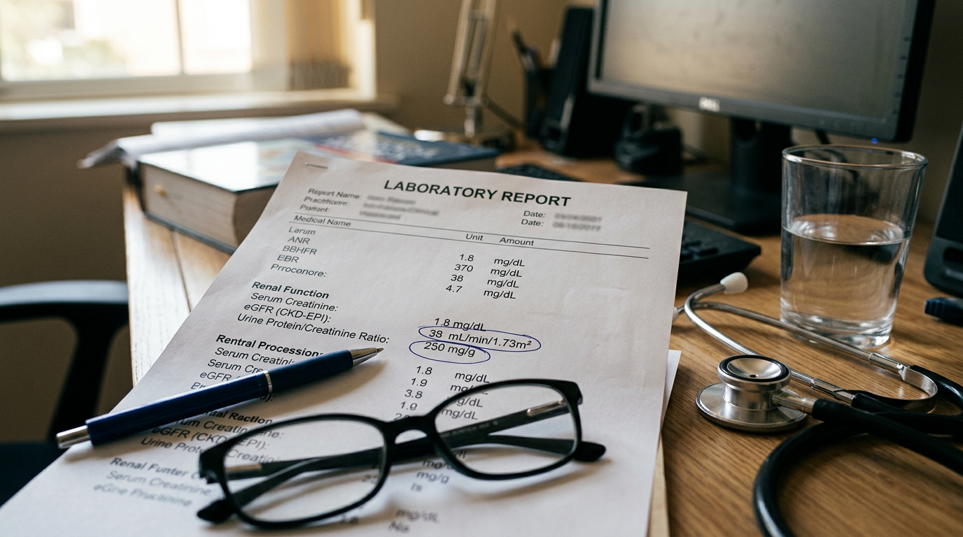 Kidney health lab results on a practitioner's desk