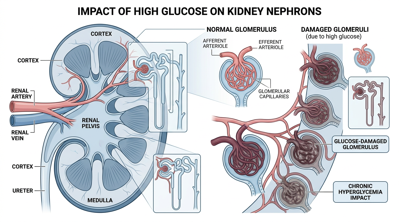 Kidney cross-section showing nephron filtering units being damaged by glucose