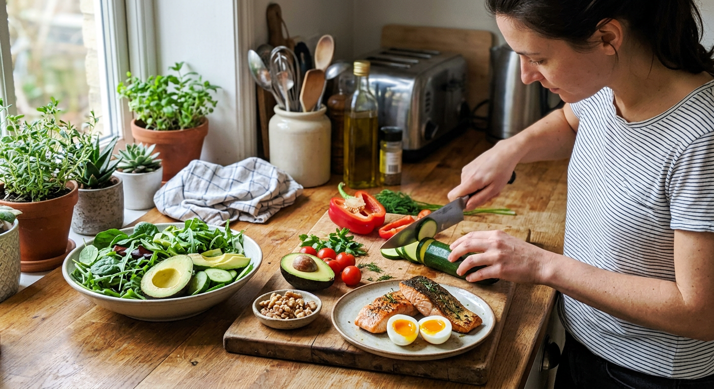 Low-carb meal preparation on kitchen counter