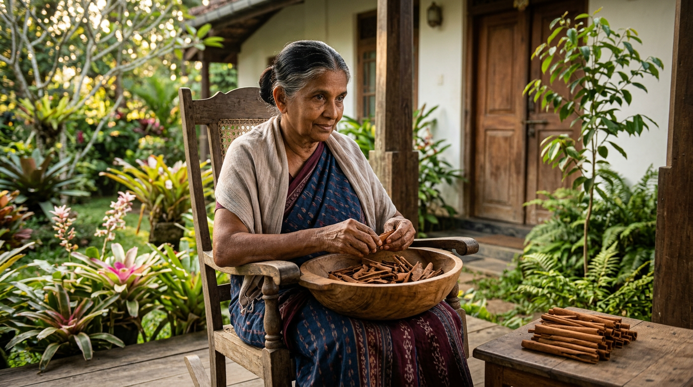 Elderly Sri Lankan woman on a porch sorting cinnamon bark in a wooden bowl, garden behind her