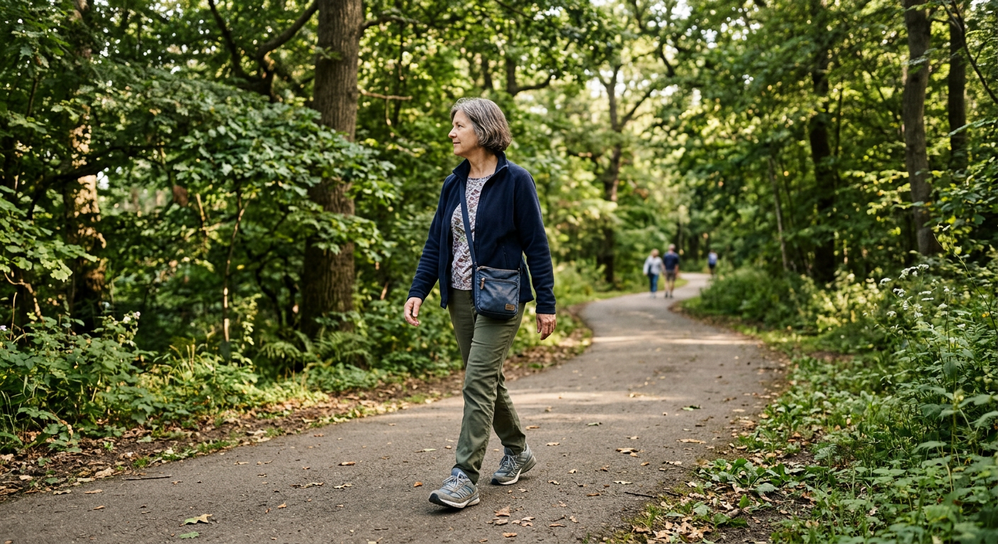 Woman walking on park trail for exercise