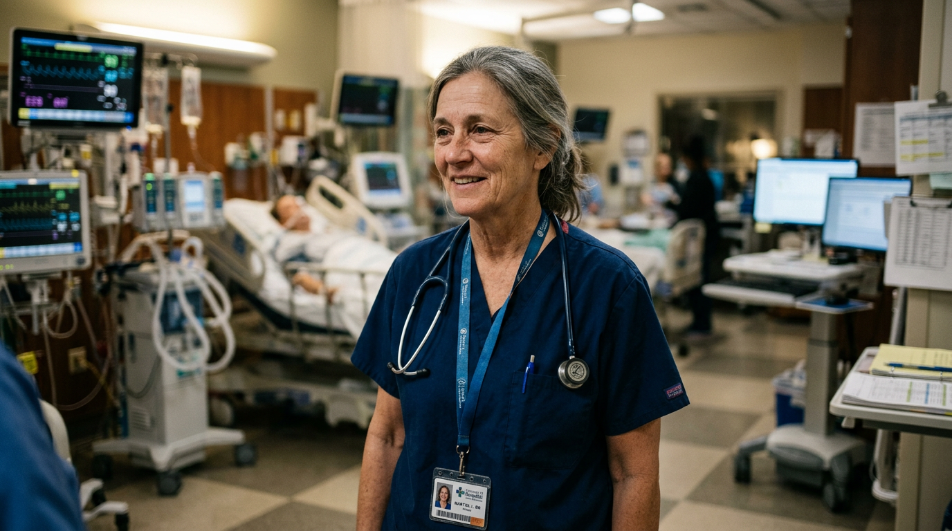ICU nurse in scrubs in hospital setting