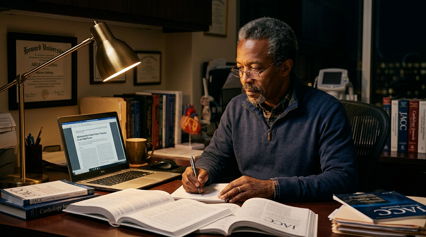 Doctor reading medical journals late at night in a home office, desk lamp illuminating stacks of papers