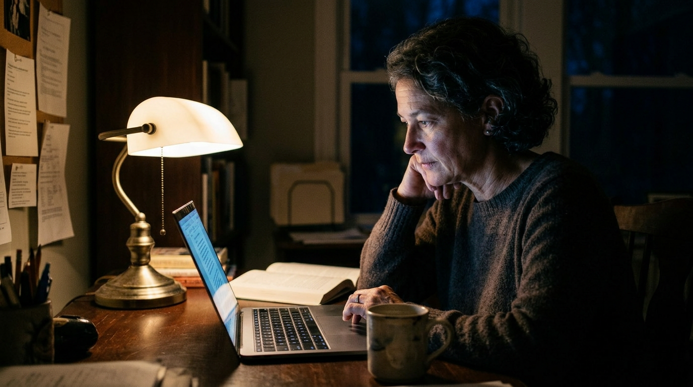 Nurse researching medical studies on laptop late at night with desk lamp