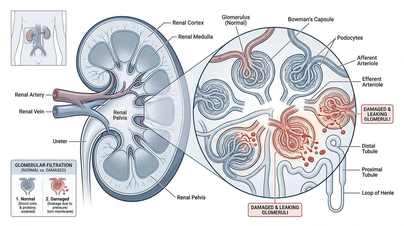 Kidney cross-section showing glomeruli filtration units