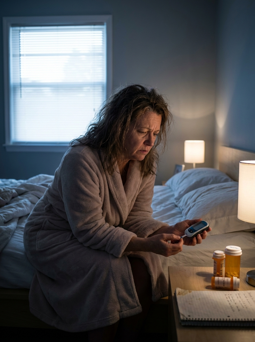 Exhausted woman checking blood sugar