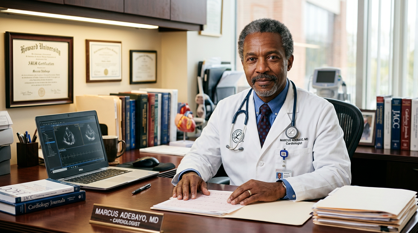 Male cardiologist in white coat sitting at his desk in a clinical office, looking directly at the viewer with a serious expression