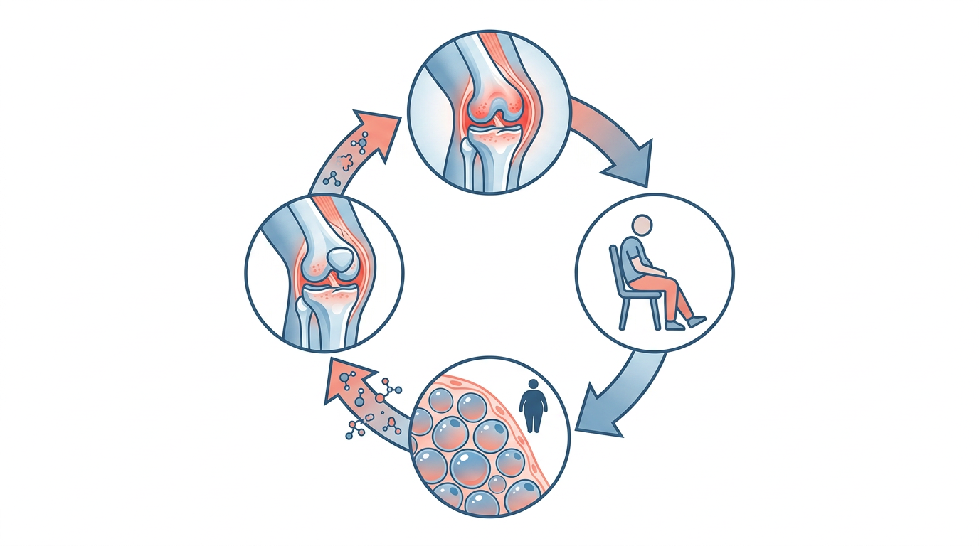 Medical illustration showing the chronic inflammation cycle: joints, metabolism, weight, muscle loss