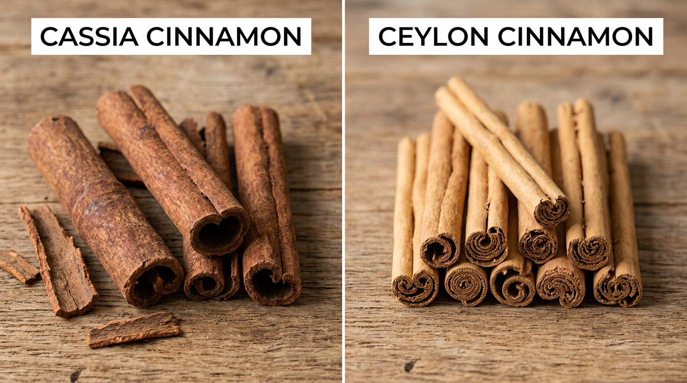 Side-by-side comparison of Cassia cinnamon bark versus true Ceylon cinnamon bark