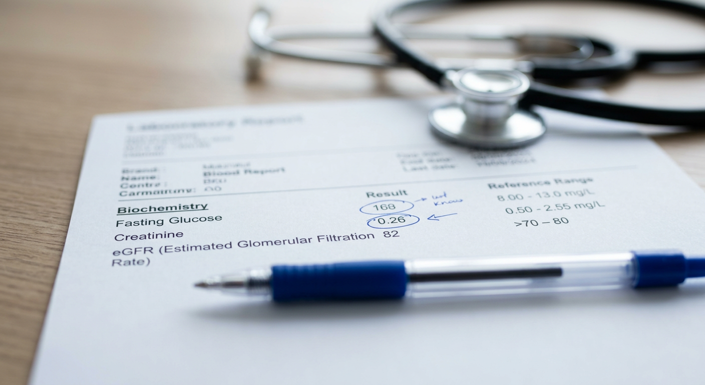 Lab results showing improving fasting glucose and kidney markers