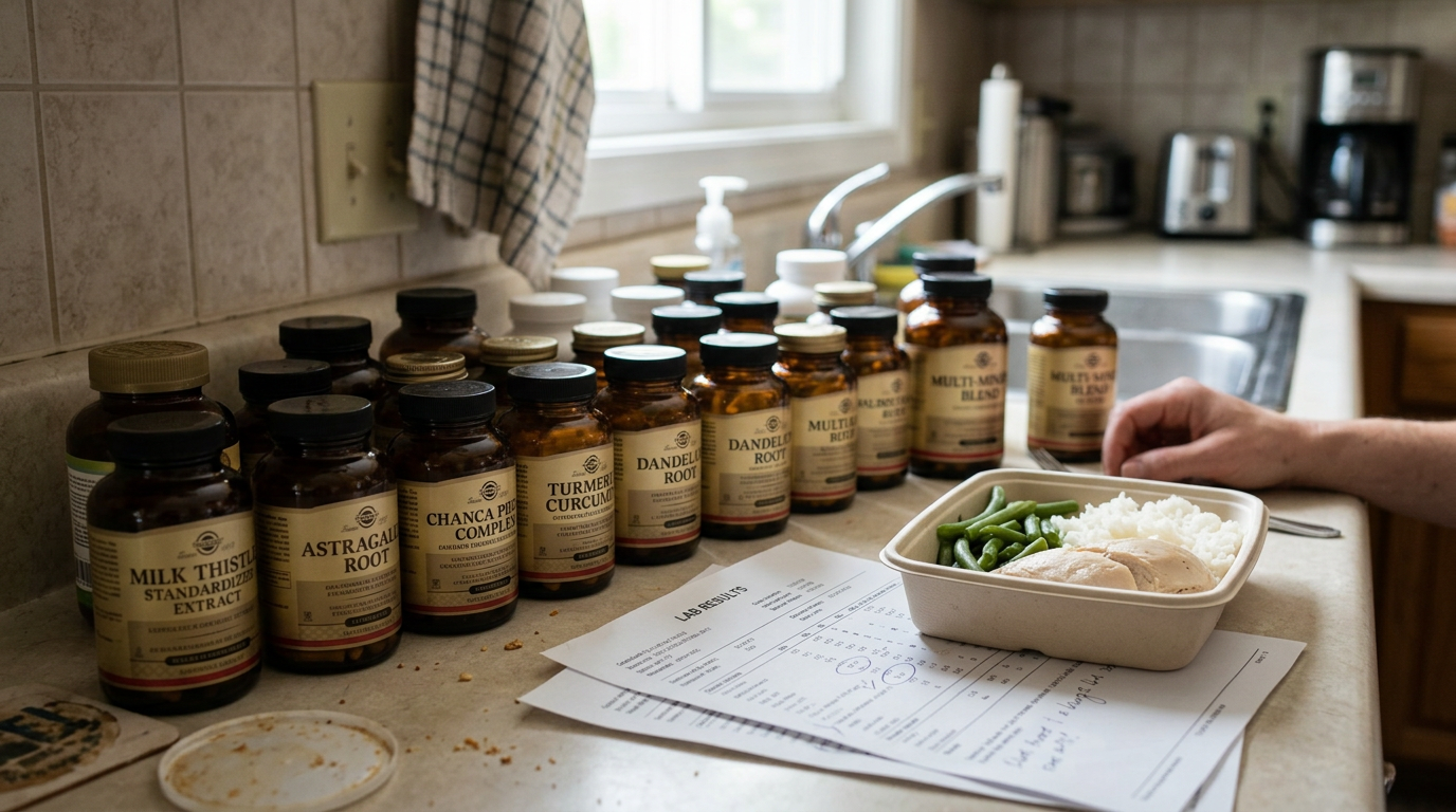 Kitchen counter with supplements, restricted meals, and lab results