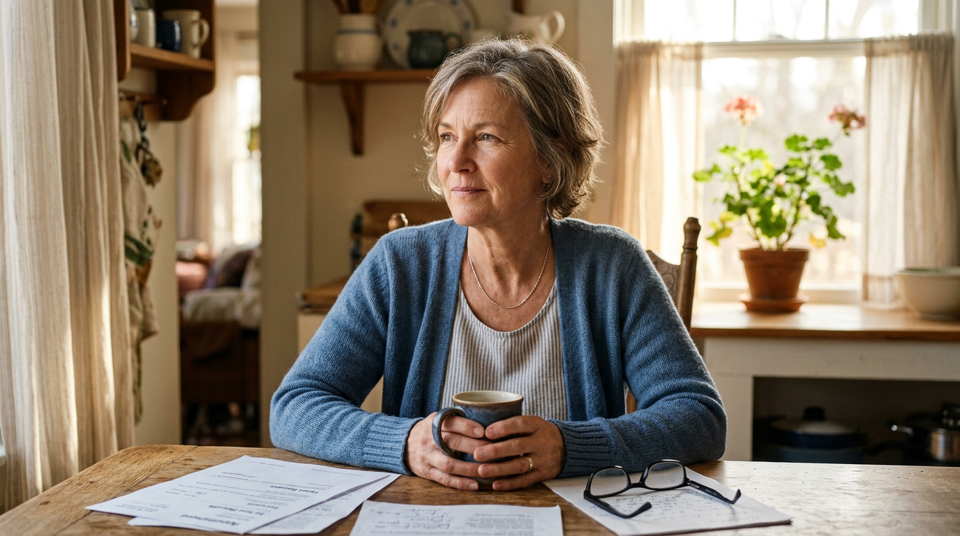 Woman in her early 60s sitting at a kitchen table holding a coffee mug, morning light, reflective expression