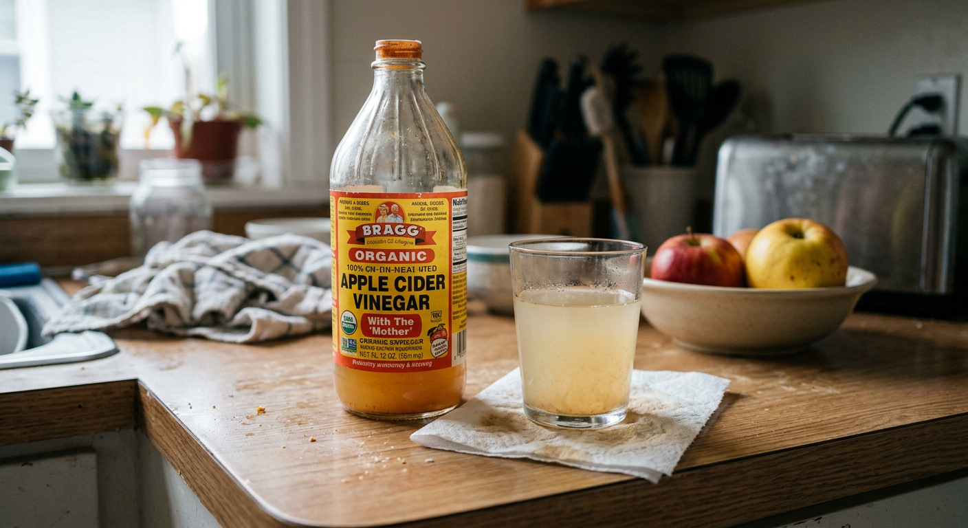 Apple cider vinegar bottle with glass