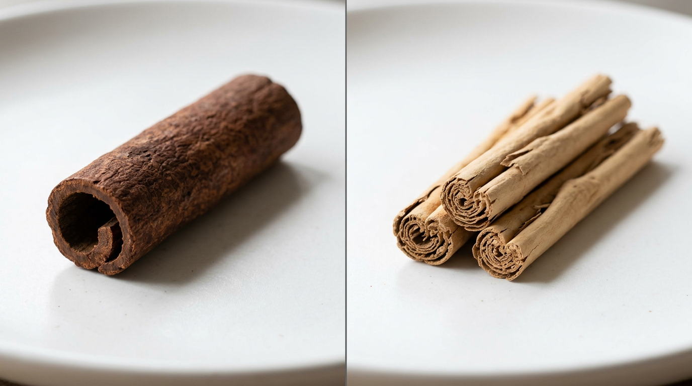 Side-by-side comparison of Cassia and Ceylon cinnamon