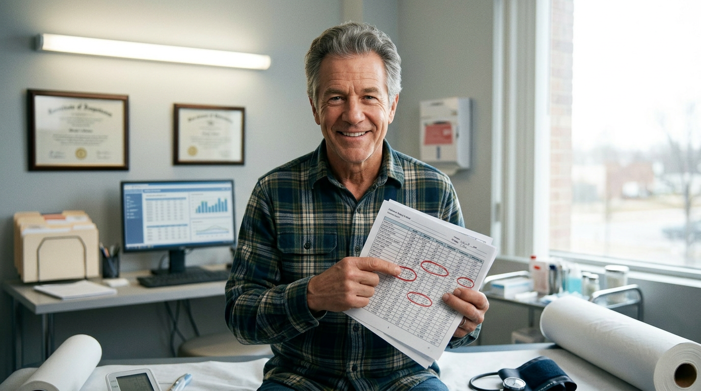 Older man in his early 60s sitting upright in a doctor's exam room, holding a printed spreadsheet, looking energized and alert