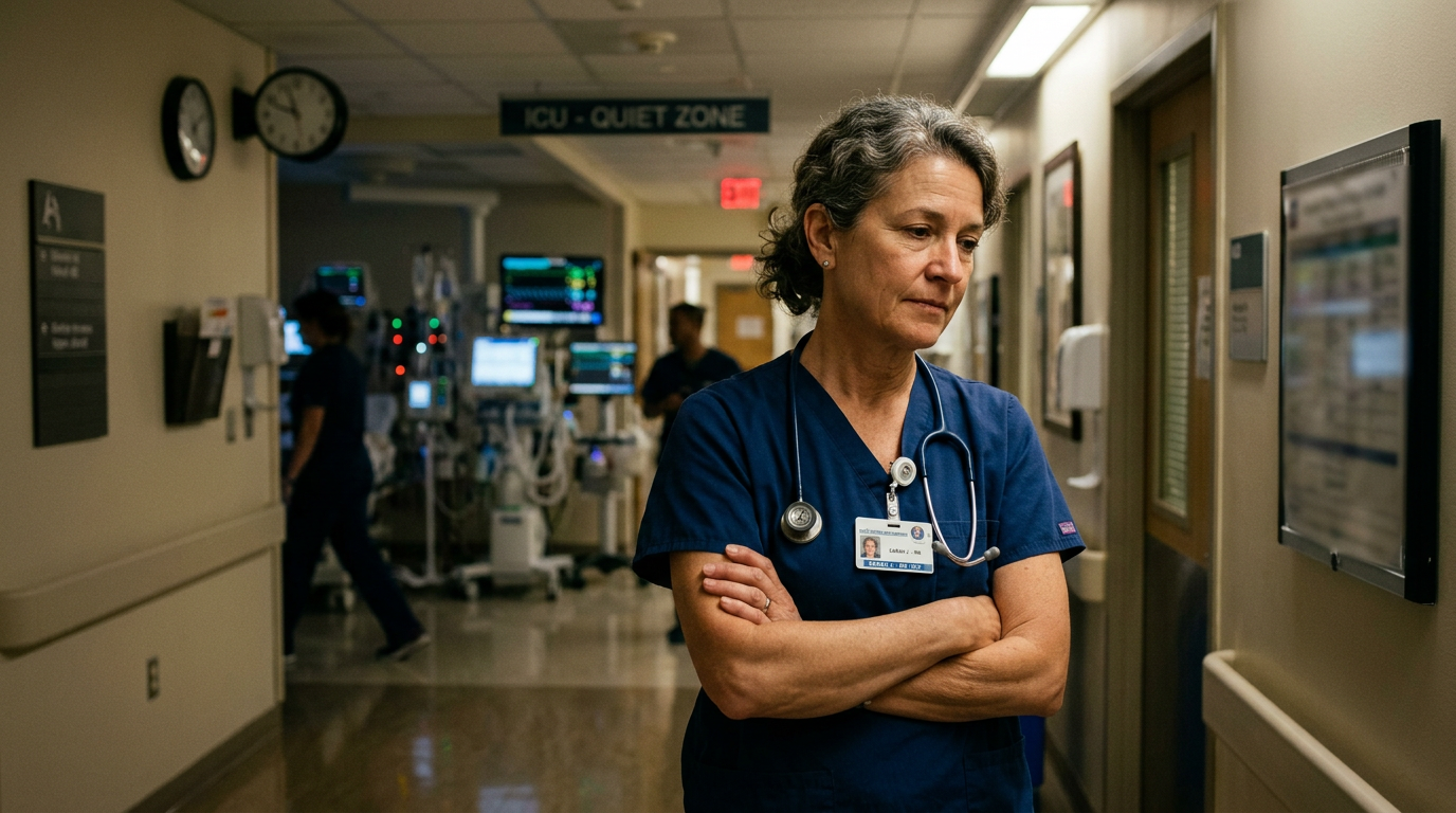 ICU nurse in scrubs standing in hospital corridor, looking concerned and reflective