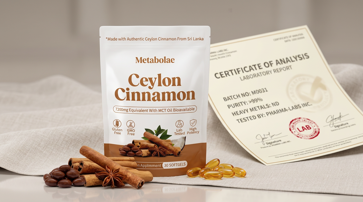 Metabolae Ceylon Cinnamon bottle with softgels and Certificate of Analysis