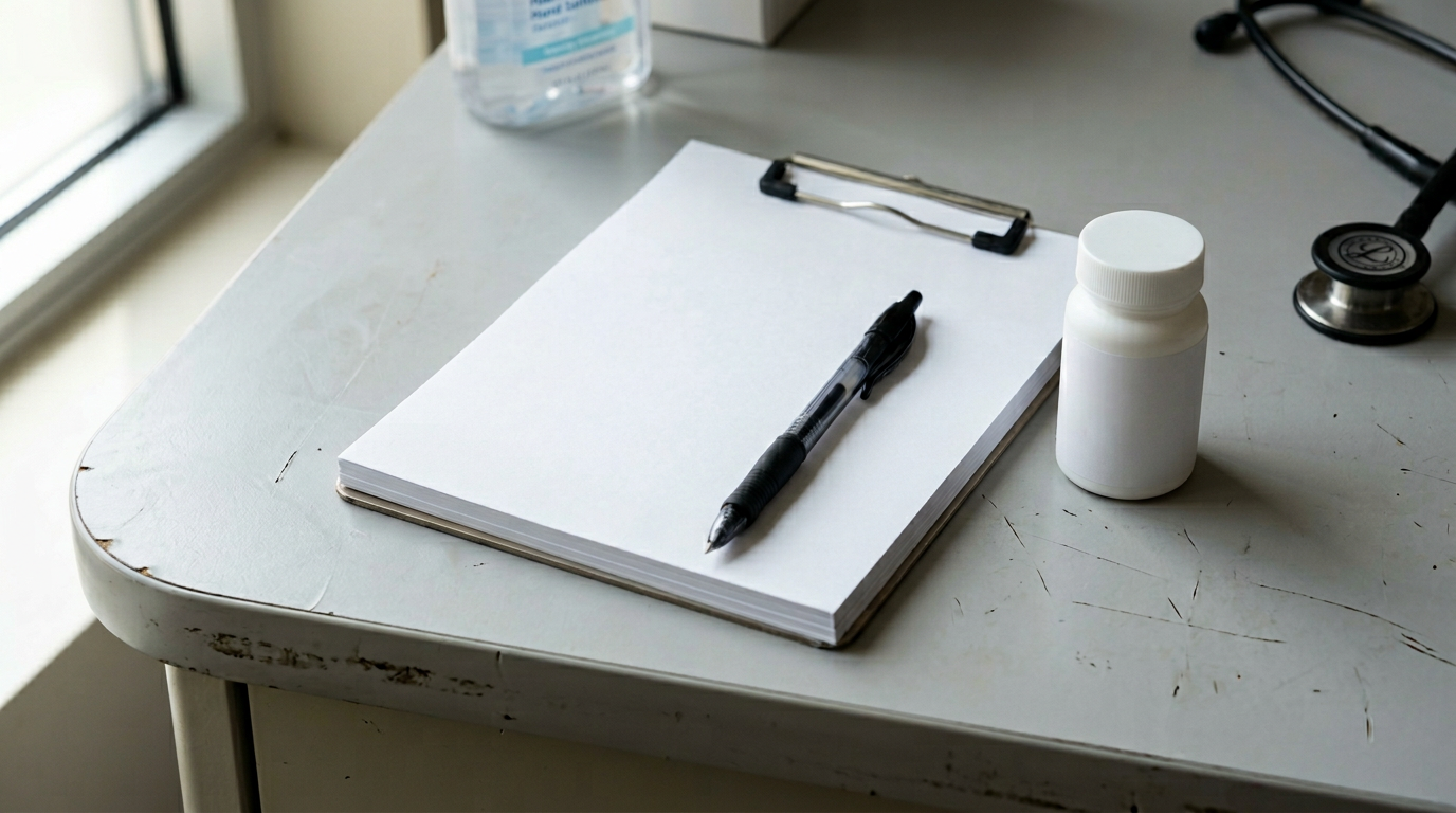 Prescription pad next to unopened metformin bottle