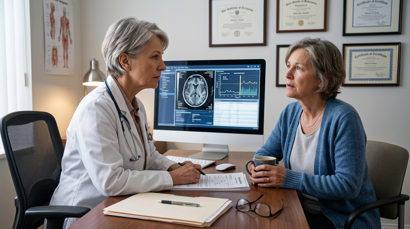 Medical specialist reviewing diagnostic results with concerned patient in clinical setting