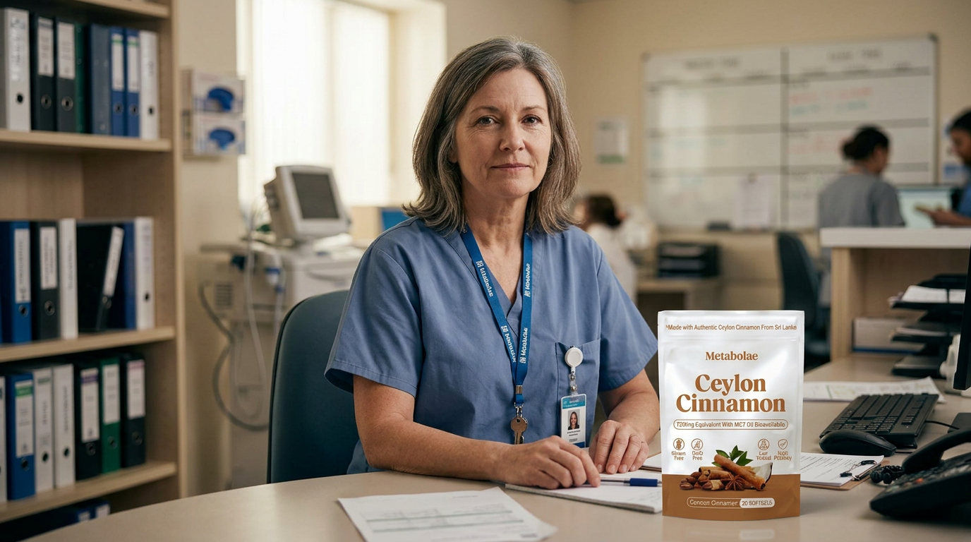 Nurse in clinical setting with supplement bottle on desk