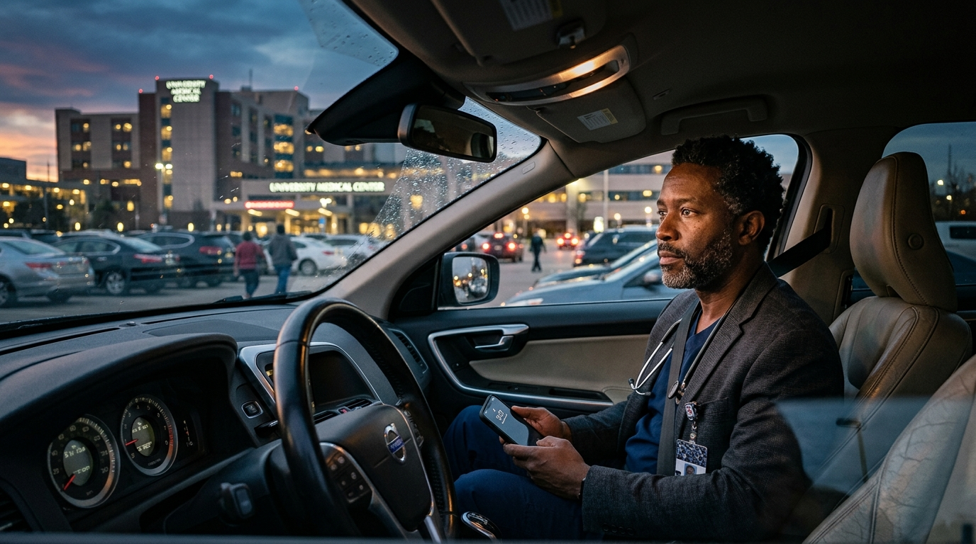 Male nephrologist in his late 40s sitting in a parked car in a hospital parking lot, looking pensive, evening light