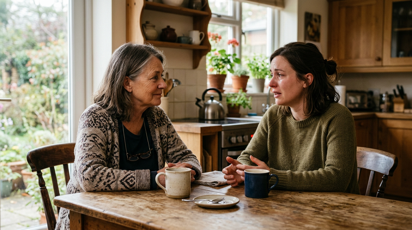 Woman in her early 60s sitting at a kitchen table with her adult daughter, emotional conversation