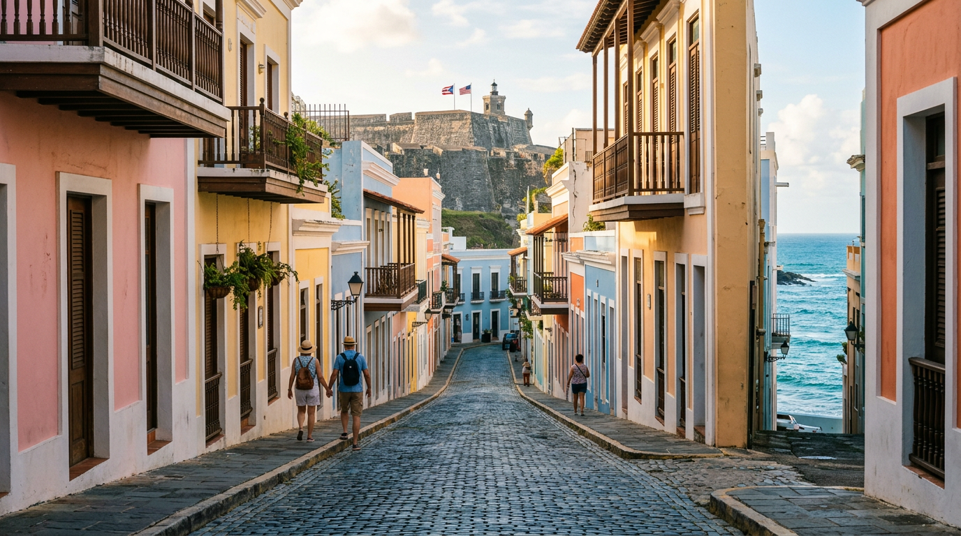 Woman sitting on stone wall in Old San Juan with fortress and ocean in background
