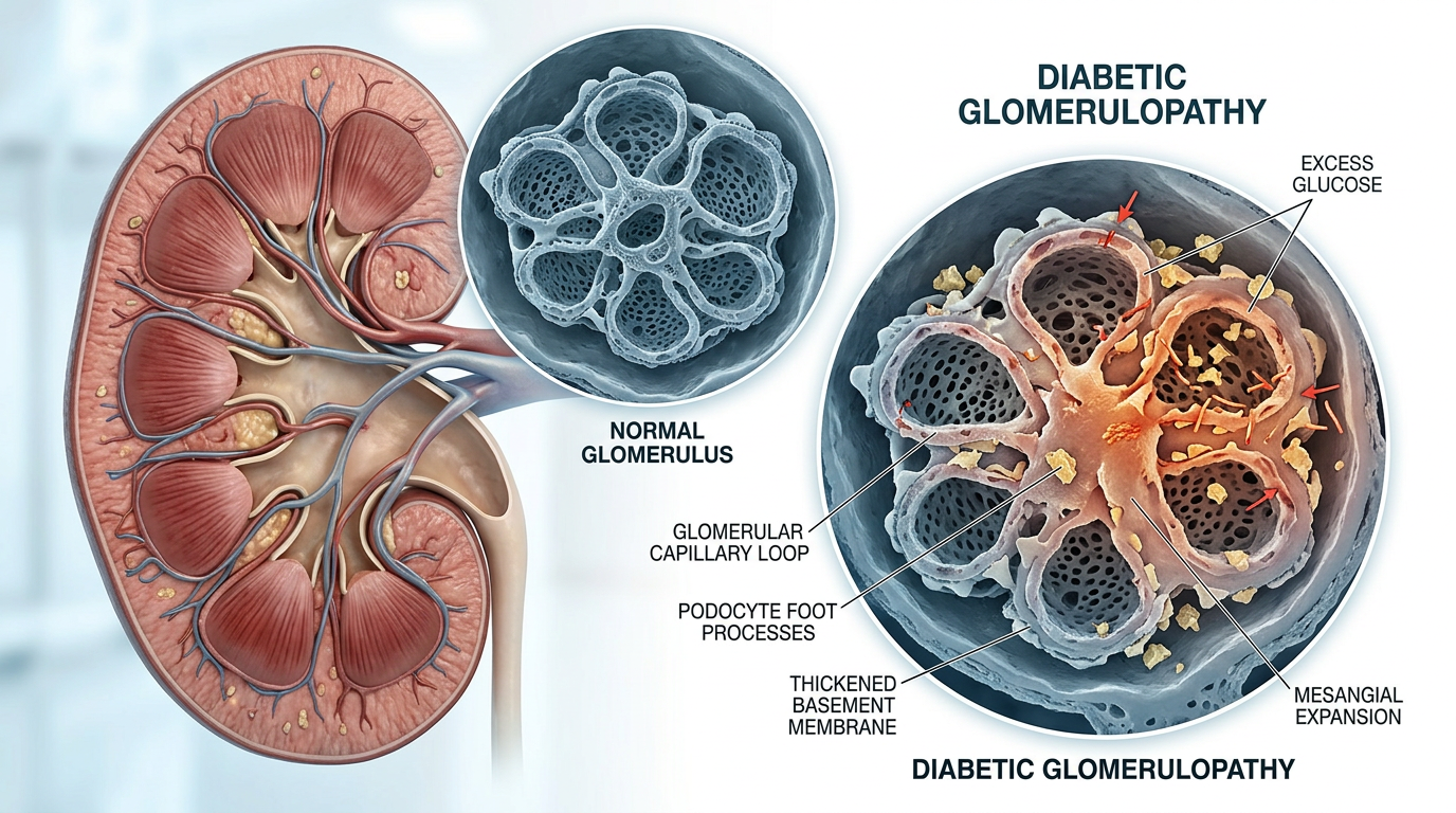 Kidney cross-section showing glomeruli filtering mesh being damaged by glucose