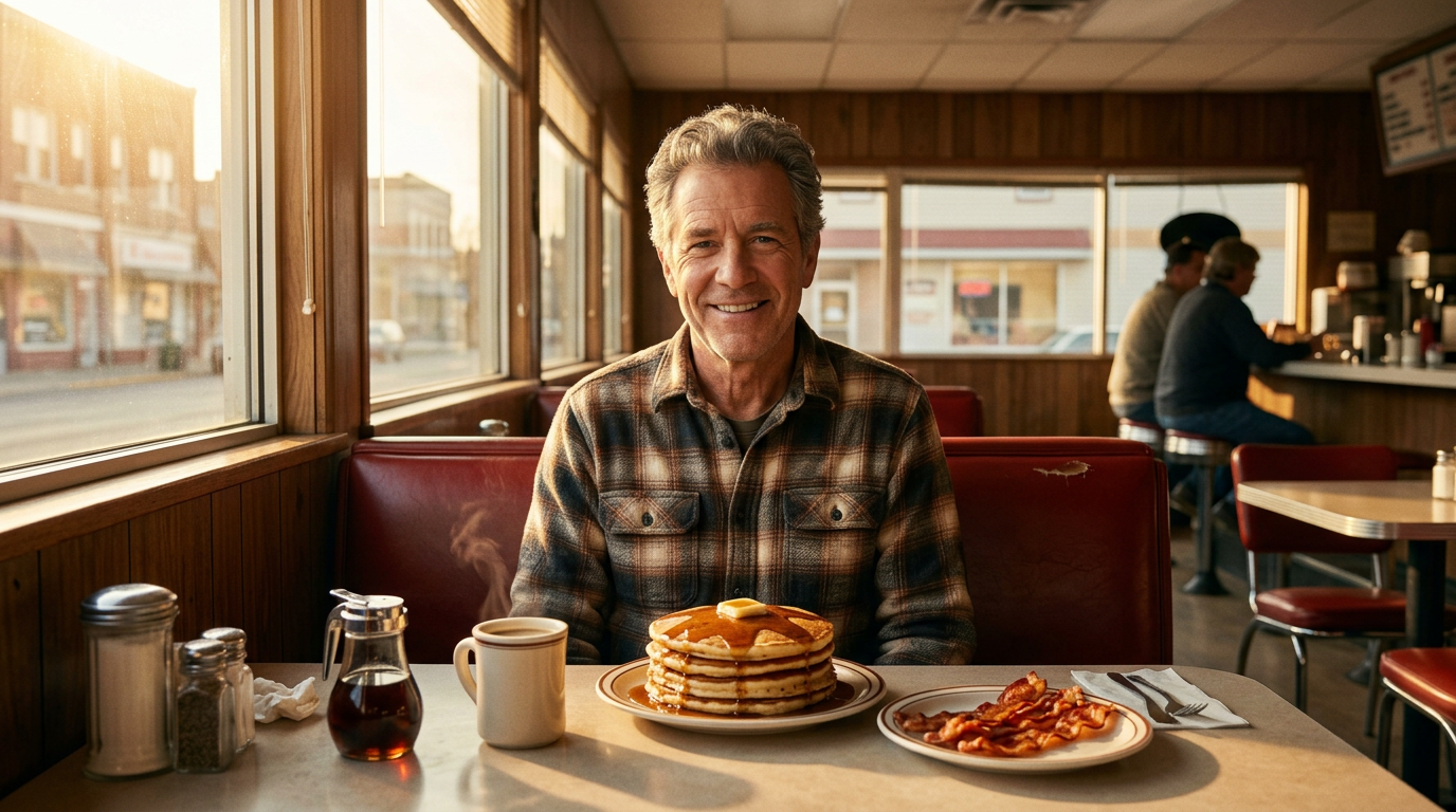 Man in his late 50s sitting in a diner booth with a tall stack of pancakes, smiling across the table, morning light through window