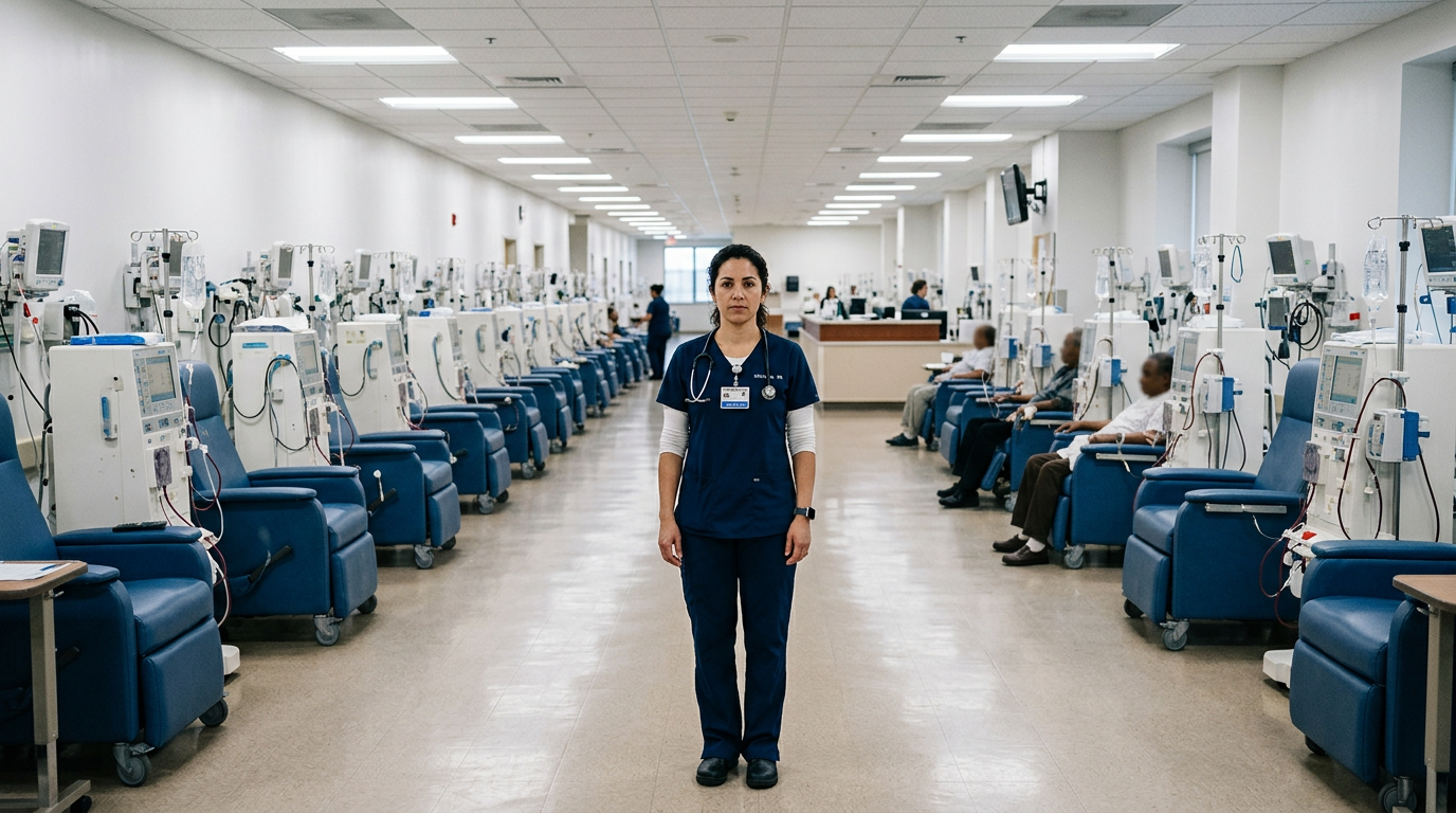 Dialysis nurse standing in clinical unit with patient chairs in the background