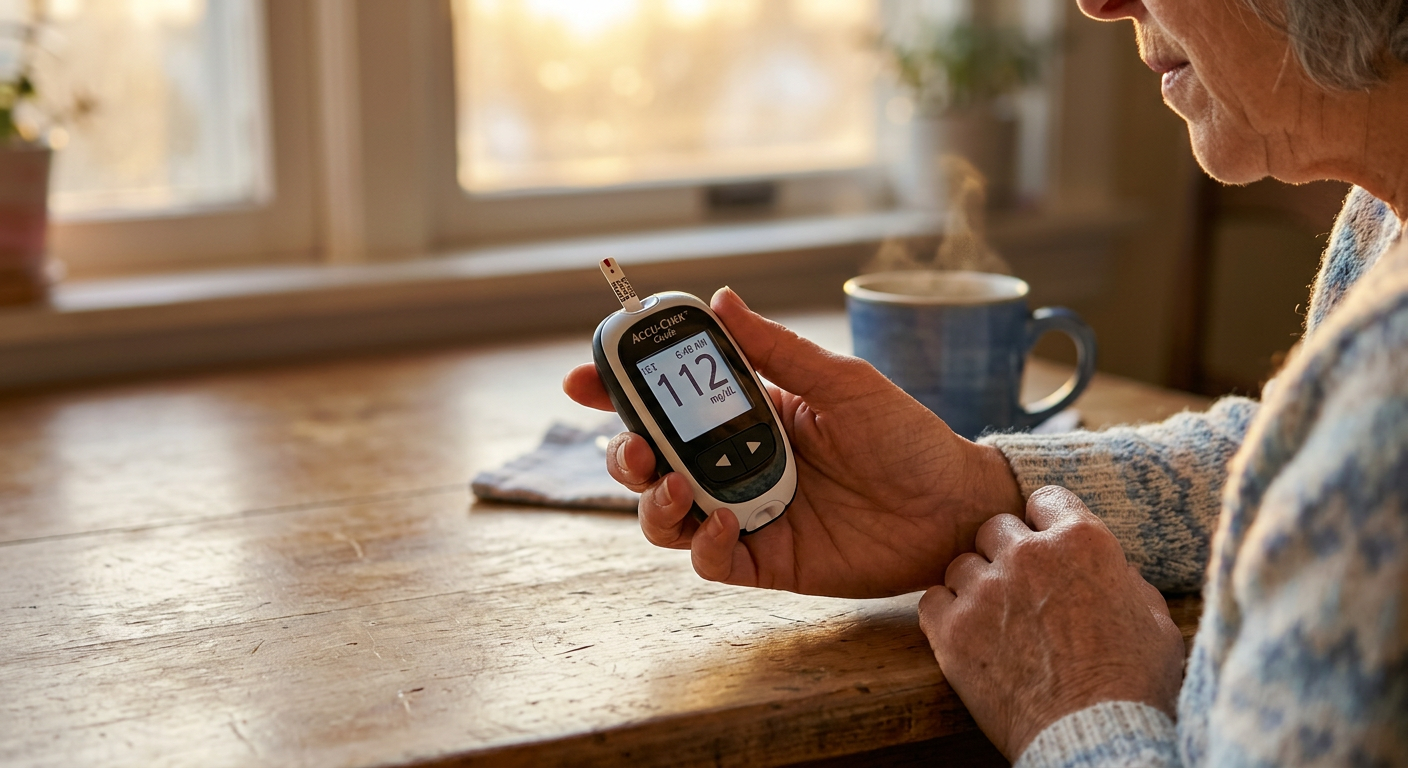 Glucometer displaying 112 mg/dL reading in morning light