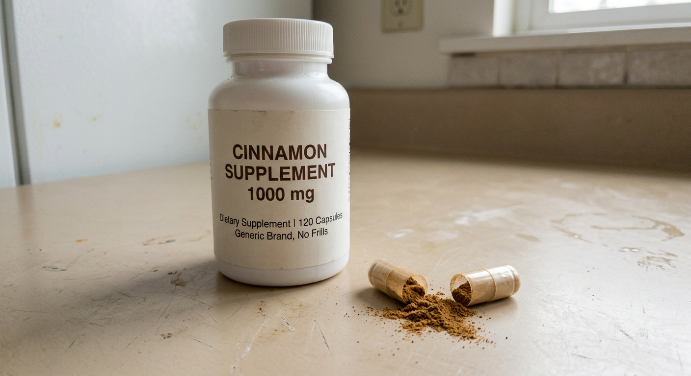 Generic cinnamon supplement bottle from store shelf